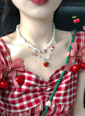 ins清新甜美少女心草莓串珠项链女短锁骨链时尚百搭网红颈链配饰