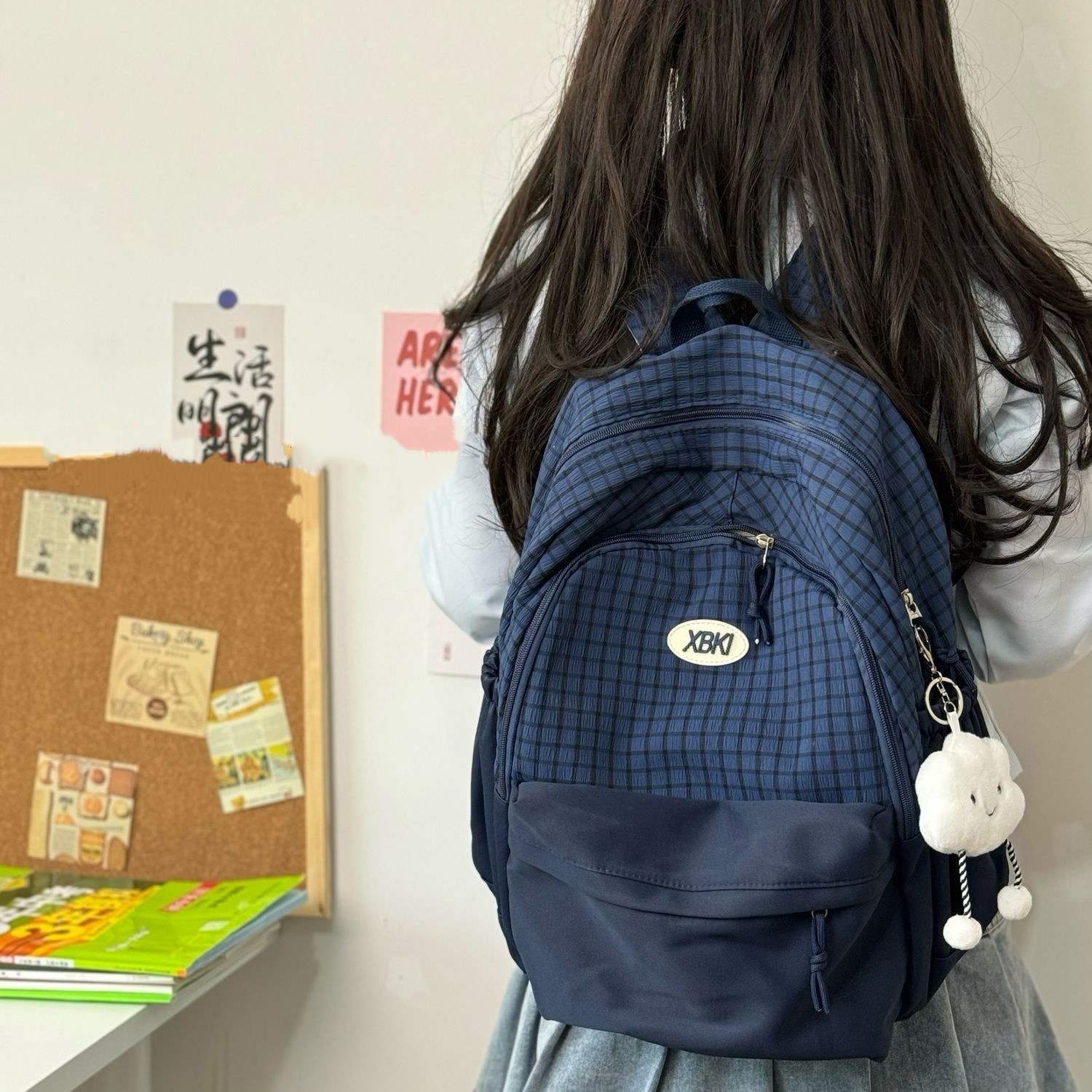 书包女高中学生韩版百搭格子学院风初中生大容量多层双肩包小背包