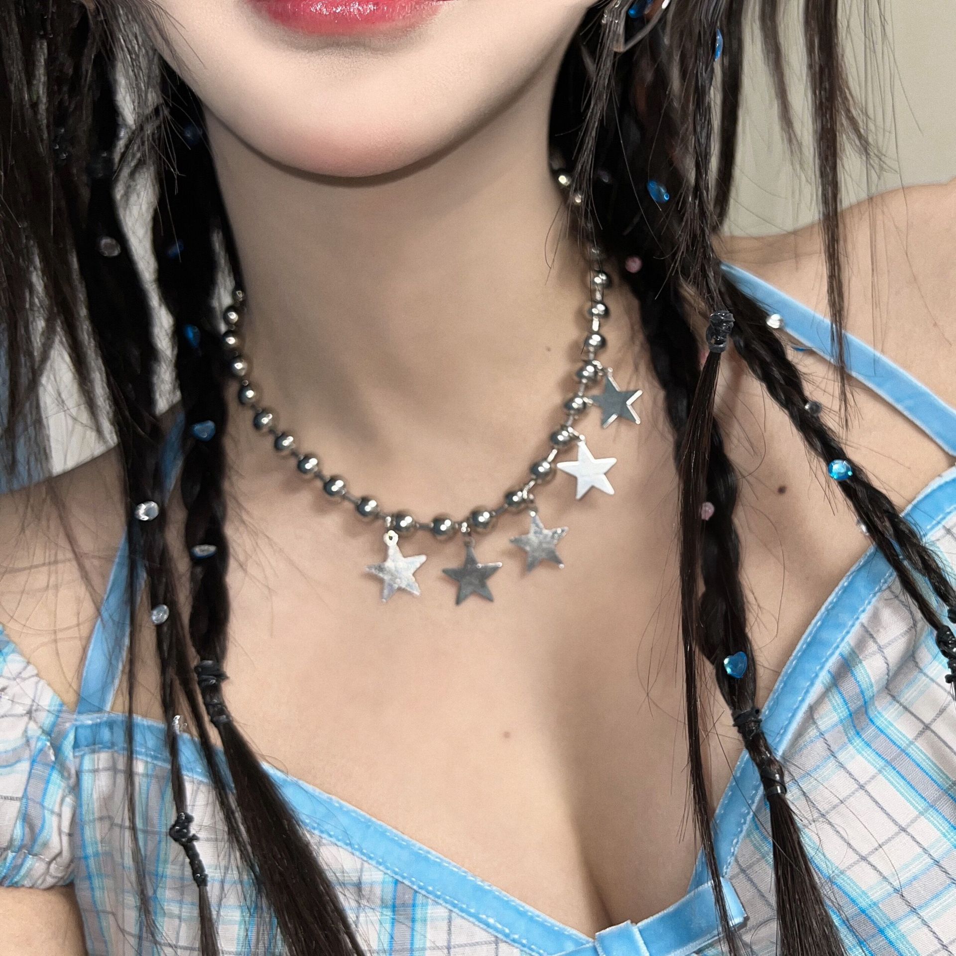 韩版小众甜酷辣妹圆珠星星流苏项链女短锁骨链chocker时尚y2k颈链