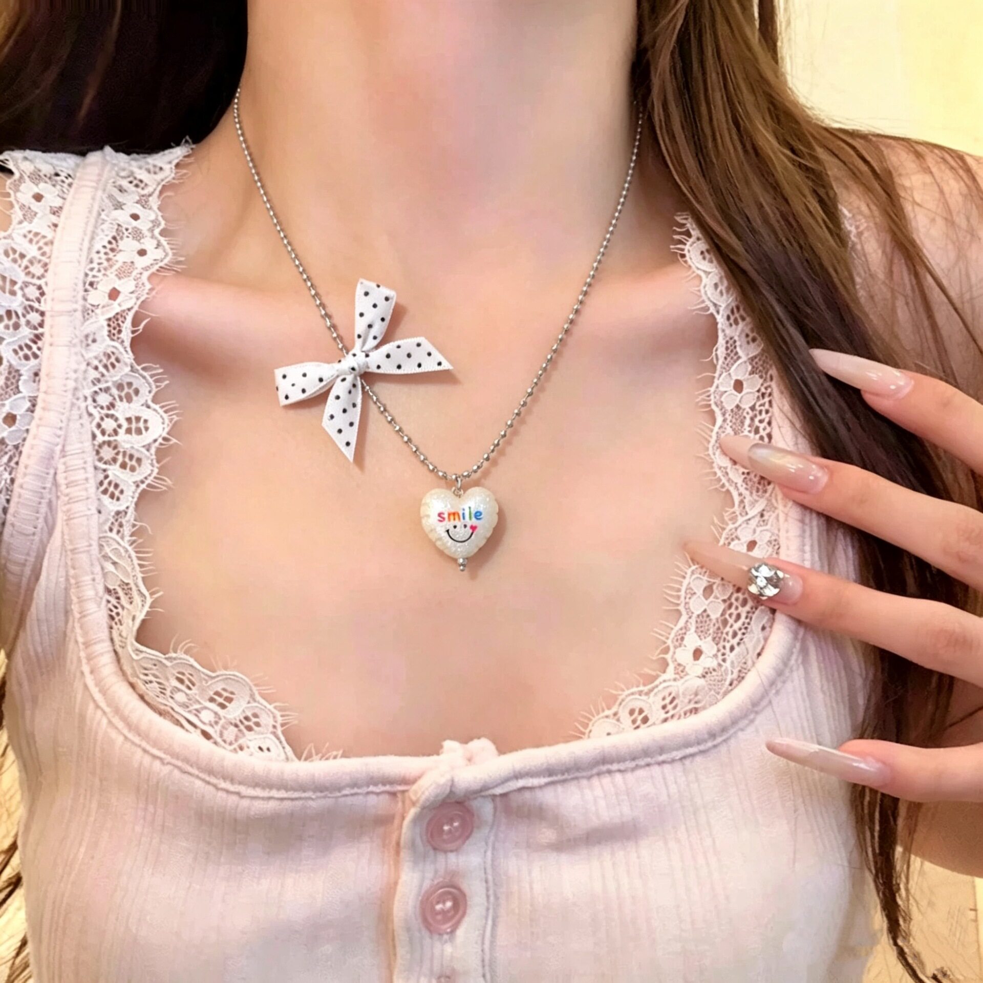 韩系甜妹蝴蝶结波点爱心吊坠项链女小众时尚百搭y2k可爱软妹颈链