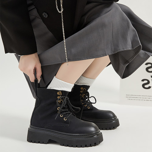 林先森真皮厚底马丁靴女2024秋冬新款侧拉链大头英伦风机车短靴