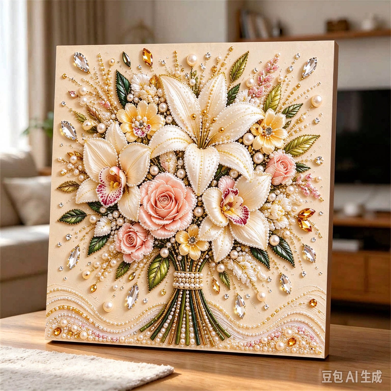 珍珠画diy手工花卉贴画小红书抖音创意礼物珍珠客厅装饰画绷框