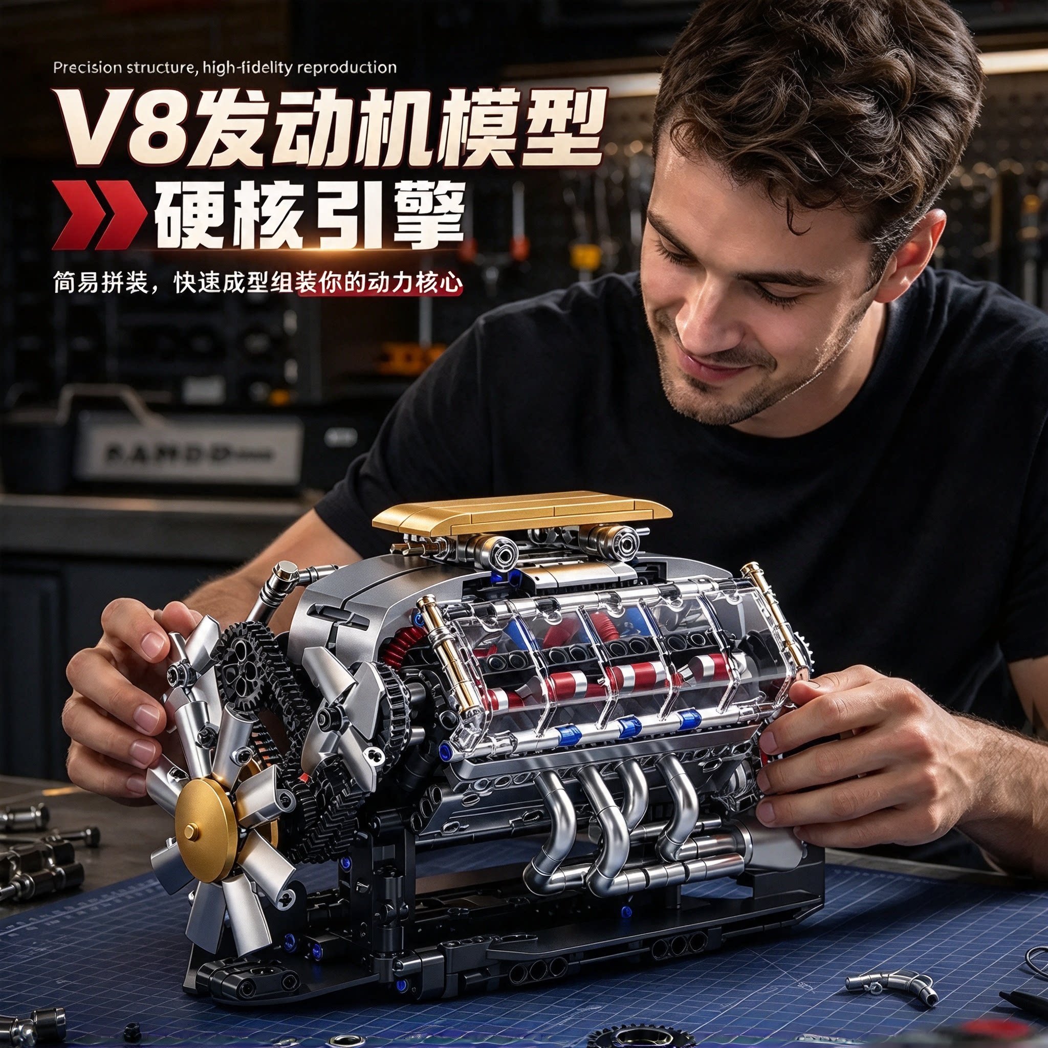 机械V8发动机潮玩积木模型
