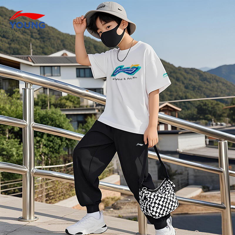 李宁儿童短袖T恤运动套装2025款男女大童纯棉夏装短袖卫裤两件套