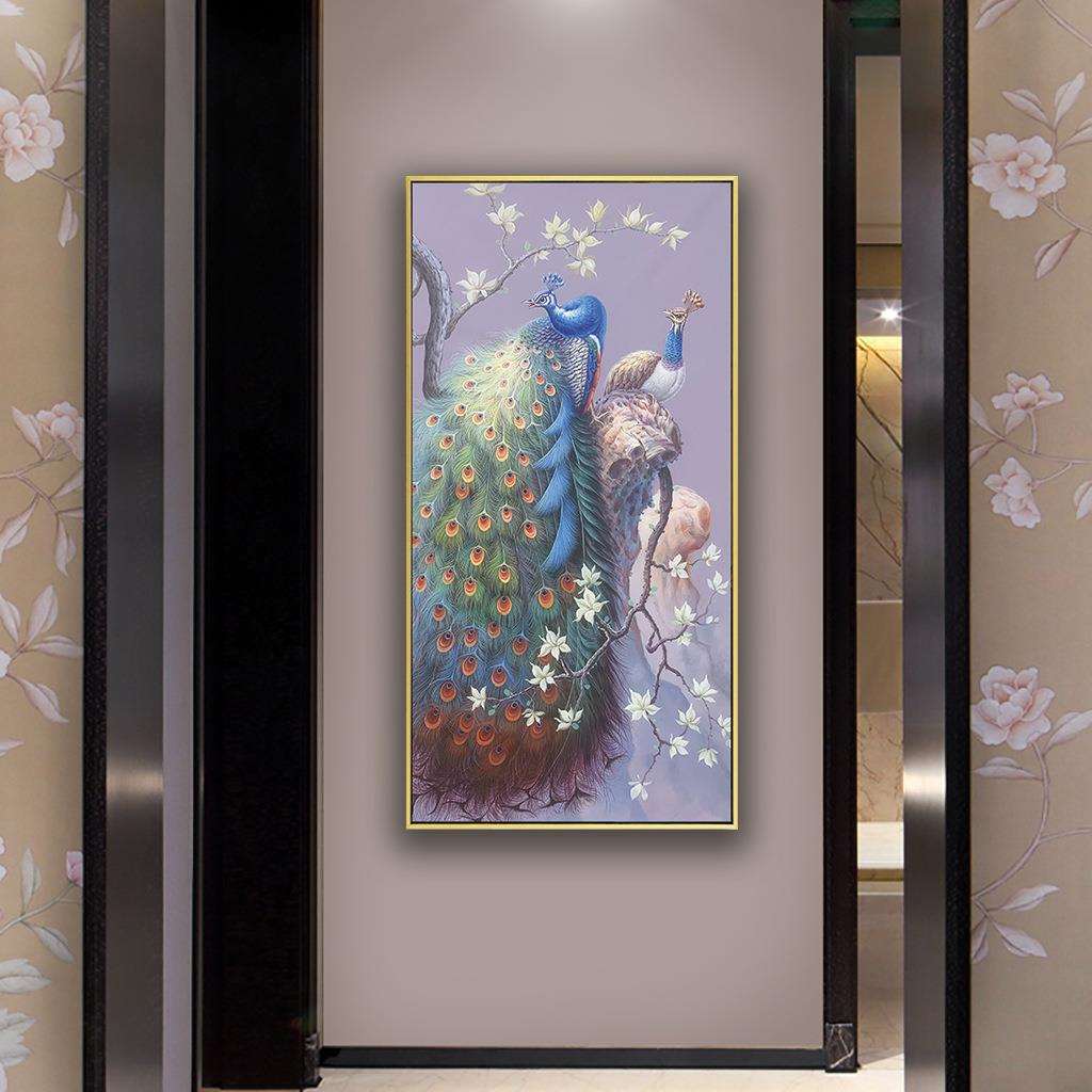 新中式手绘孔雀油画玄关装饰画客厅挂画美式过道竖版高端入户壁画