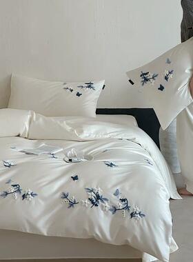 奶油色100S高支全棉四件套法式纯棉毛巾绣贡缎长绒棉被套床单床笠