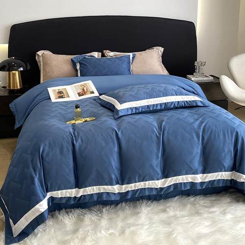 2023新款水洗冰丝宽边提花四件套夏季仿真丝凉感床单被套简约纯色