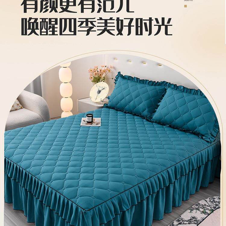 韩版夹棉床裙床罩单件床套床裙加枕套三件套纯色加棉新款花边四季