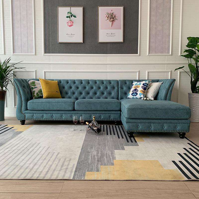 美式乡村田园风格家具科技布拉扣铆钉l型L形转角贵妃位布艺沙发