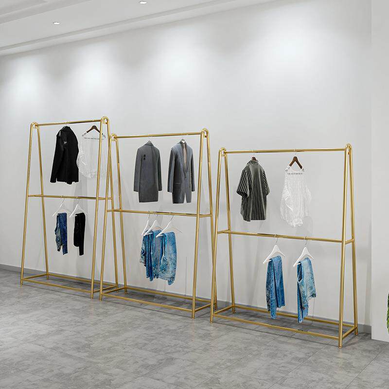 服装店展示架陈列架双层落地式挂衣架简约童装店双杆衣架金色横杆