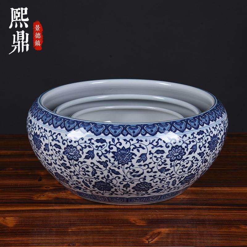 花盆古典青花瓷水培盆大口径圆形陶瓷水浅盆铜钱草一叶睡莲盆缸