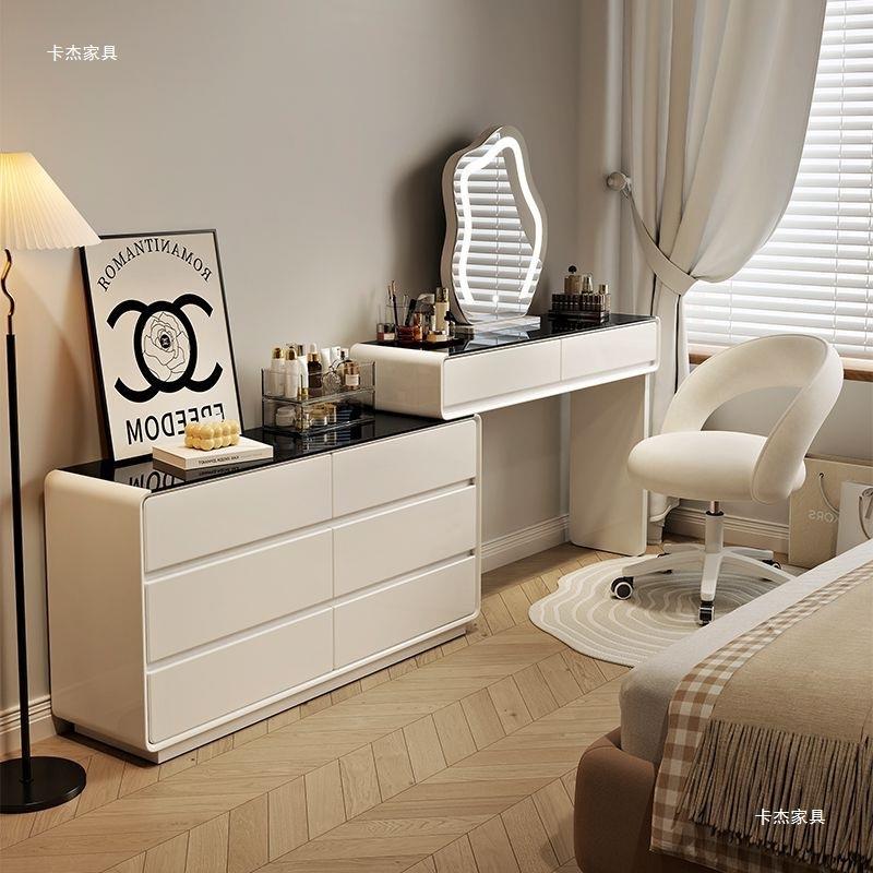 卡杰超窄化妆台奶油风现代简约轻奢卧室梳妆台一体伸缩斗柜