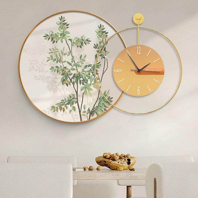 奶油风绿植餐厅挂画静音钟表组合装饰画现代简约客厅时尚圆形墙画