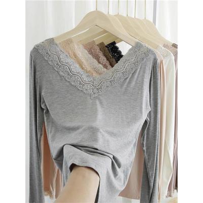 莫代尔保暖内衣女秋冬洋气蕾丝花边薄款低领秋衣打底衫V领保暖衣