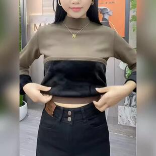 加绒加厚半高领打底衫女内搭秋冬新款一体绒保暖修身洋气百搭上衣