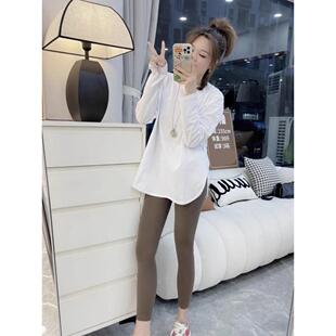白色打底衫女春秋冬内搭中长款小个子长袖t恤搭配鲨鱼裤的上衣