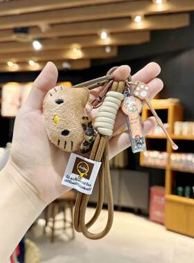 卡通豹纹猫毛绒挂件钥匙扣带指甲刀挖耳勺配防丢手绳闺蜜包包挂饰