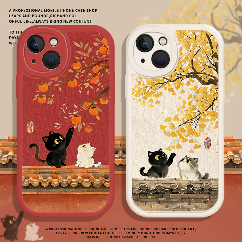 适用苹果手机壳秋天黑猫白猫
