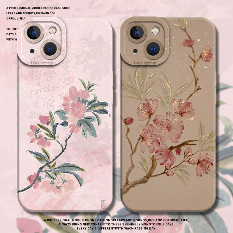 古风桃花适用苹果15promax手机壳iPhone16中国风13新中式14古风11新款12妈妈mini长辈xs老人x复古xr/8plus/7p