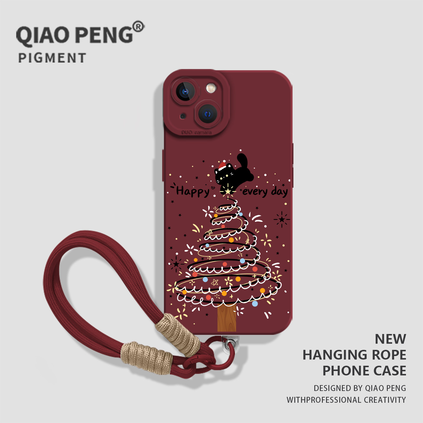 适用华为手机壳带挂绳圣诞树黑猫