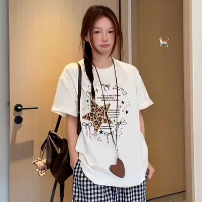 猪猪队长韩系CKKOR慵懒印花短袖豹纹T恤夏季宽松百搭上衣圆领