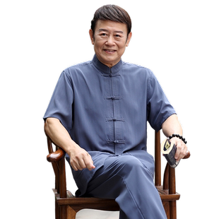 中老年夏季唐装男士中国风短袖套装50岁60爷爷外公中山装爸爸薄款