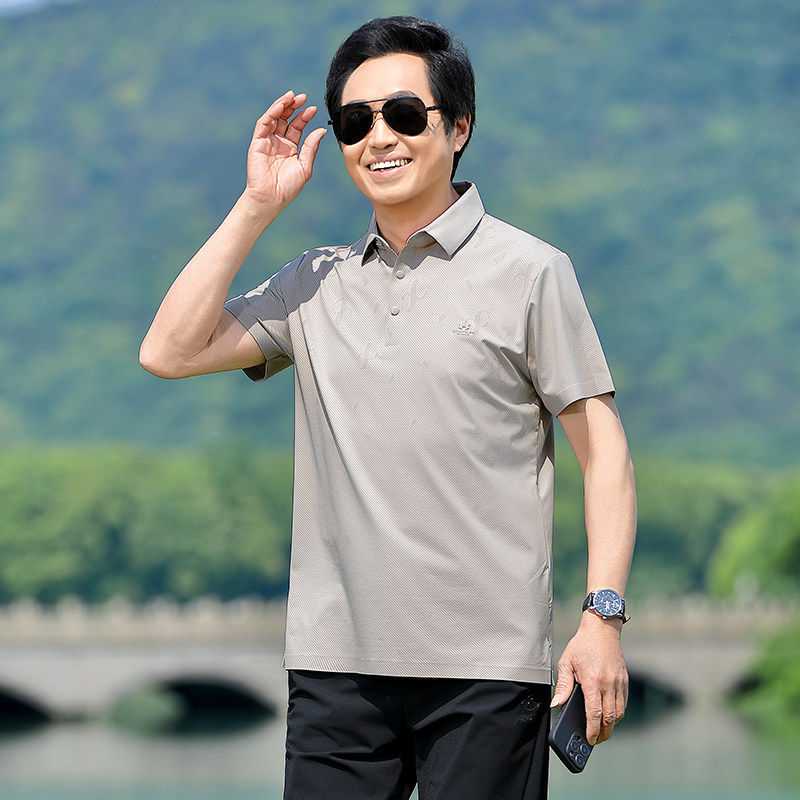 爸爸夏季短袖T恤中年男士冰丝棉套装50岁60爷爷T恤上衣新款Polo衫