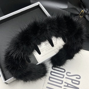 高定黑色水貂毛发卡发箍女高颅顶轻奢成人带齿防滑头饰压发头箍