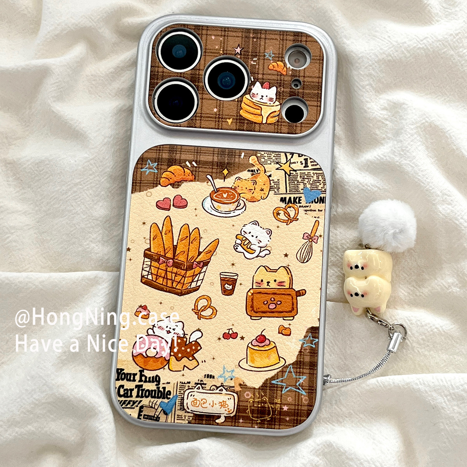 韩系可爱卡通面包猫咪适用iPhone17ProMax手机壳带挂件苹果16pro新款15PRO女款小众13硅胶14防摔皮质全包软壳,3C数码配件,手机保护套/壳,淘宝优惠券,粉丝福利购,淘宝优惠卷