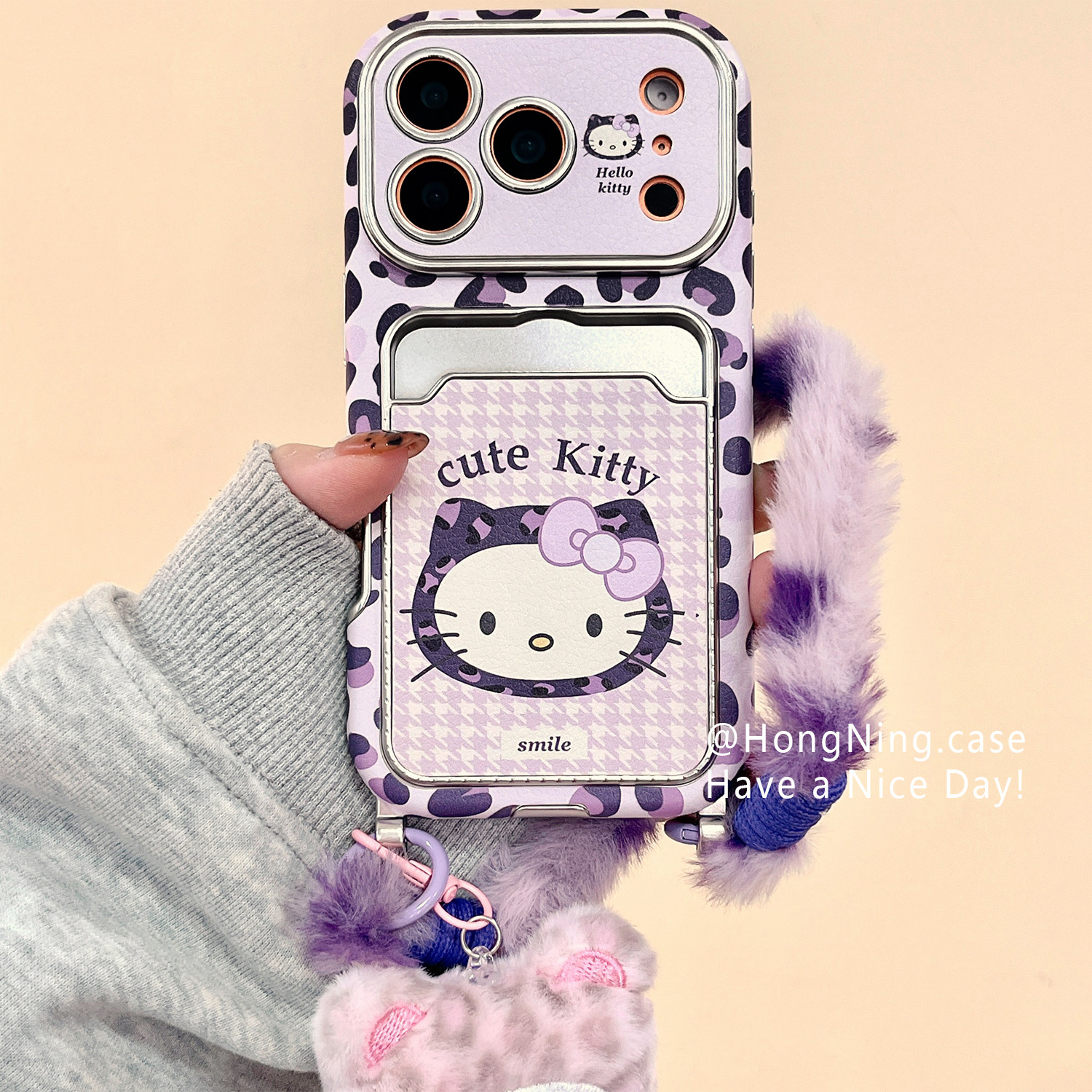 卡包紫色豹纹千鸟格HelloKitty带挂链适用iPhone17ProMax手机壳苹果16pro新款15PRO女款小众13硅胶14防摔全包