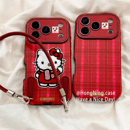 可爱红色刺绣hellokitty带挂绳适用iPhone17ProMax手机壳苹果16pro新款15PRO女款小众13硅胶14防摔简约全包软