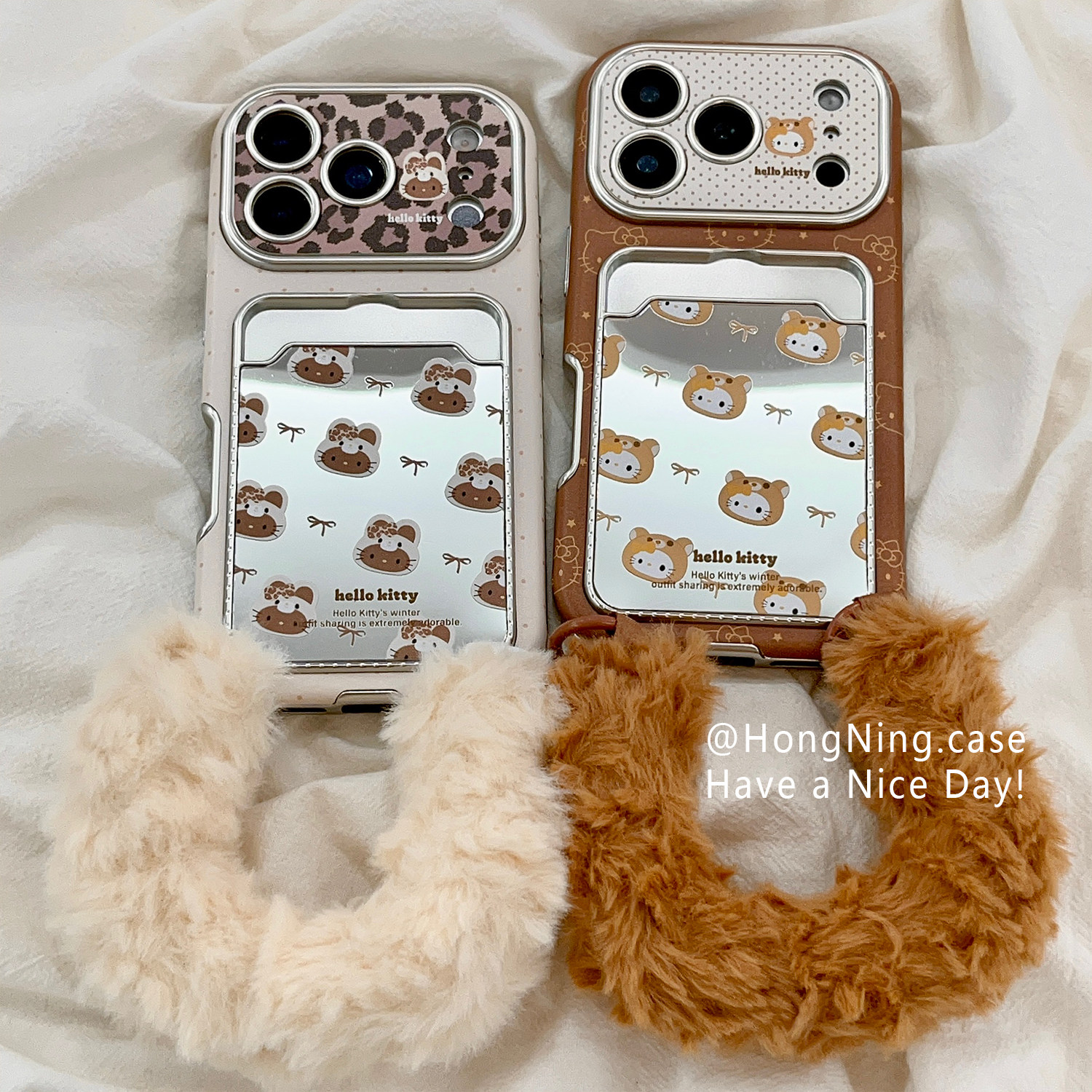 镜面卡包可爱HelloKitty毛绒手腕带适用iPhone17ProMax手机壳苹果16pro新款网红创意15PRO女13硅胶14防摔全包,3C数码配件,手机保护套/壳,淘宝优惠券,粉丝福利购,淘宝优惠卷