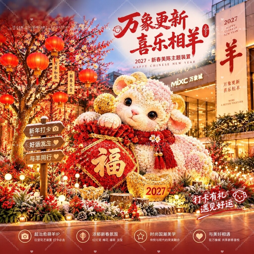 新春吉祥小羊巨型仿真花艺浓郁氛围景区文化街广场美陈引流打卡