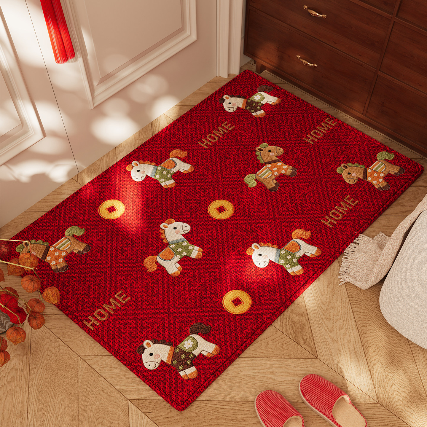 红色入户门地垫喜庆马年防滑脚垫2026新款高级感耐脏除尘玄关地毯