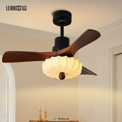 中古风复古风扇灯客厅胡桃木色布