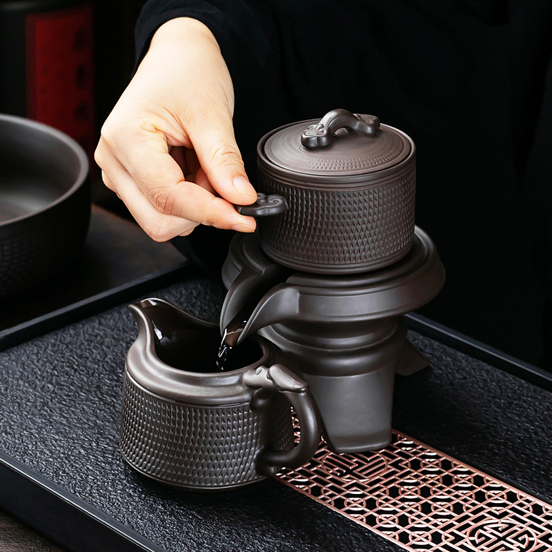 紫砂跳刀石磨泡茶壶创意旋转出水自动茶具防烫家用懒人神器一人饮