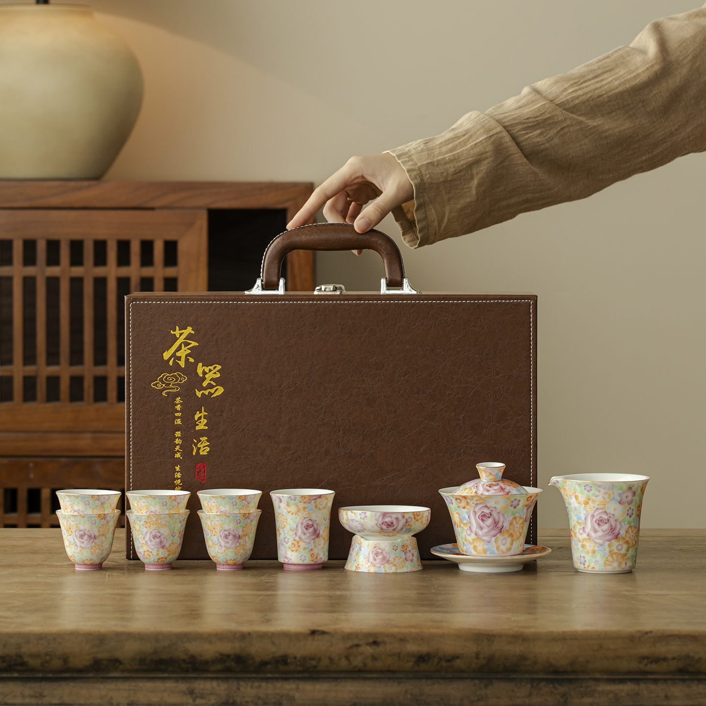 百花齐放功夫茶具套装家用三才盖碗茶杯商务送伴手礼品茶具礼盒装