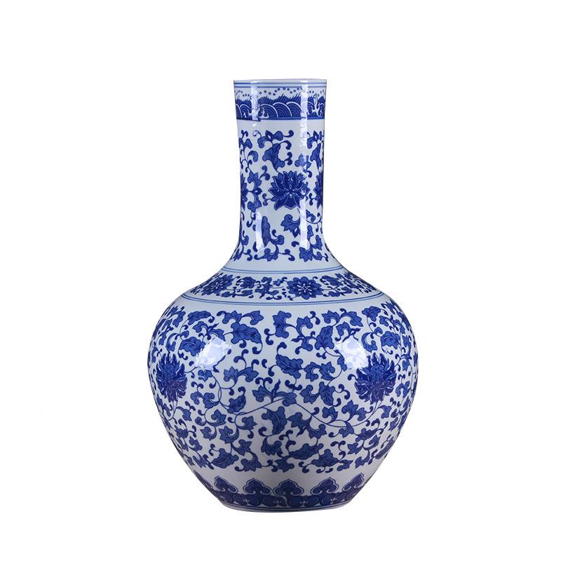 新景德镇陶仿古瓶青花瓷缠BXI枝莲大号天球中式客厅装饰瓷工艺礼