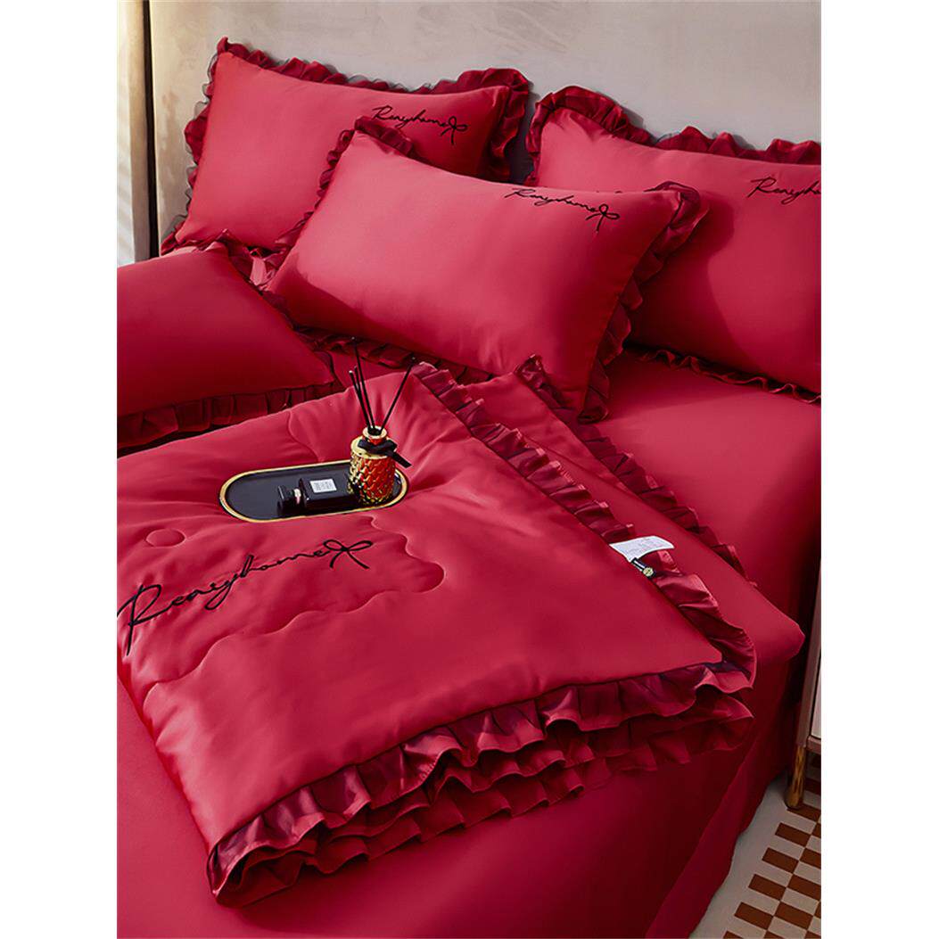 9ZRT婚庆冰丝空调被四件套夏季床上用品双人红色夏被薄被子结婚夏