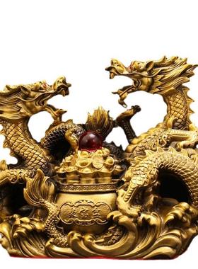 黄铜双龙聚宝盆龙摆件汉龙家居工艺品客厅办公室装饰品开业礼品