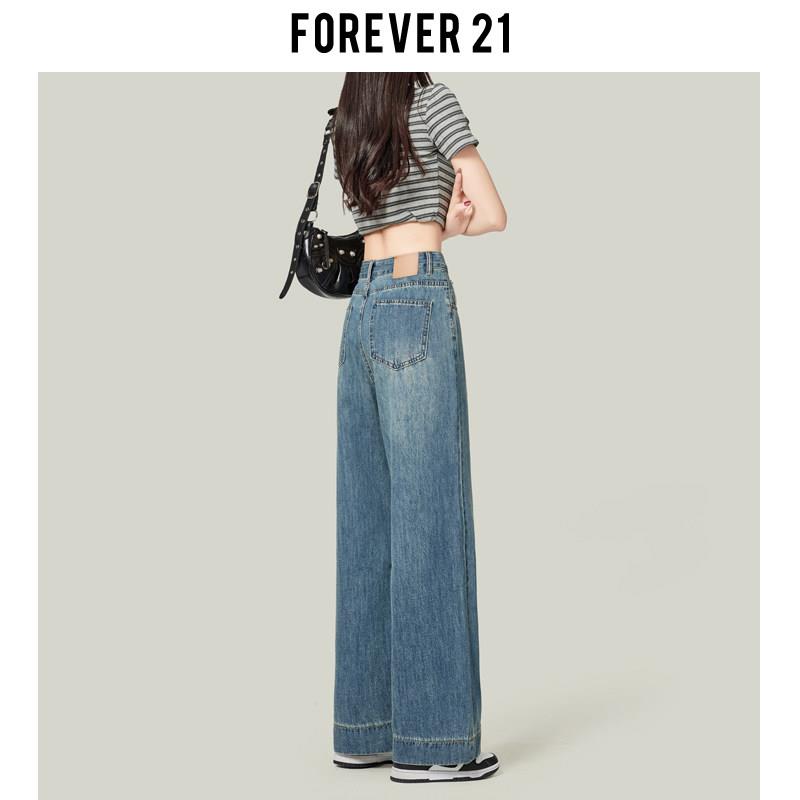 Forever 21复古蓝高腰九分直筒牛仔裤女小个子梨形宽松显瘦阔腿裤