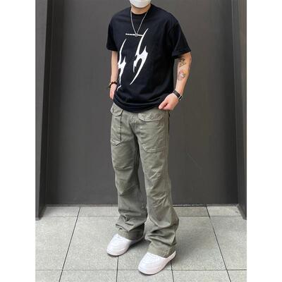 98SQUID 美式vibe微喇工装裤男女复古多口袋褶皱cleanfit休闲裤子
