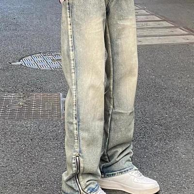 AHCN美式黄泥水洗拉链牛仔裤高街头复古百搭休闲宽松显瘦男女长裤