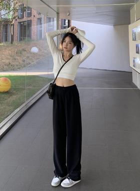 五零伍零Wuling黑色阔腿裤女春秋季垂坠感西装裤高腰拖地直筒长裤