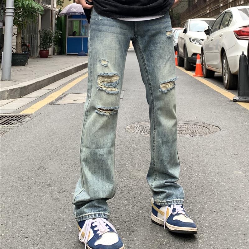 麻饭同学 美式街头水洗破洞牛仔裤男女复古潮牌微喇修身显瘦长裤