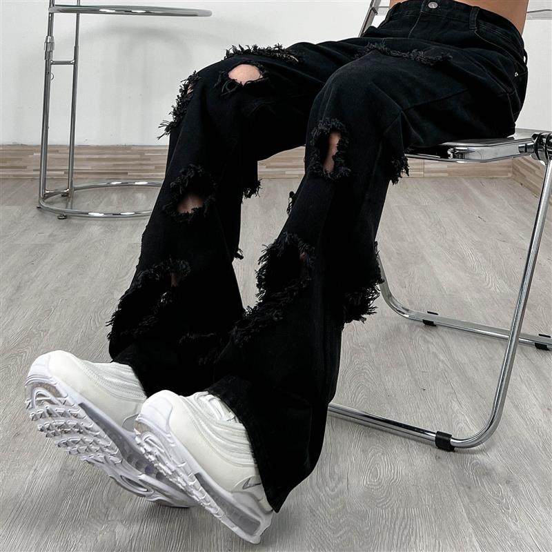 FILFR美式复古破洞微喇叭黑色牛仔裤男潮牌高街直筒显瘦宽松裤子