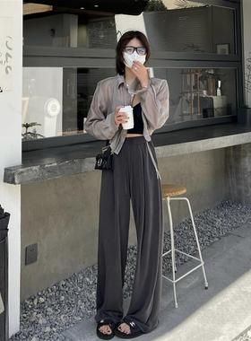 五零伍零Wuling灰色铜氨丝阔腿裤女垂感直筒裤宽松春夏慵懒拖地裤