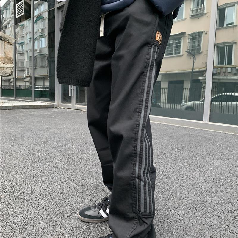 07QWER 秋冬加绒简约黑色休闲裤条纹宽松直筒阔腿裤潮流运动卫裤