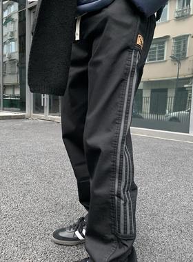07QWER 秋冬加绒简约黑色休闲裤条纹宽松直筒阔腿裤潮流运动卫裤