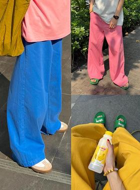EAHO美式复古春夏彩色阔腿牛仔裤粉红色蓝色宽松直筒休闲长裤男女